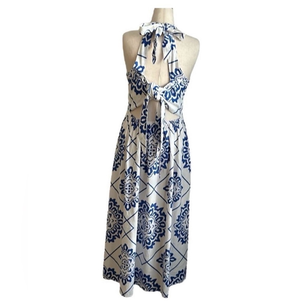 1.State Revolve Linen Blue/White Portuguese Tile Print Dress Linen/Rayon Large - Picture 4 of 4